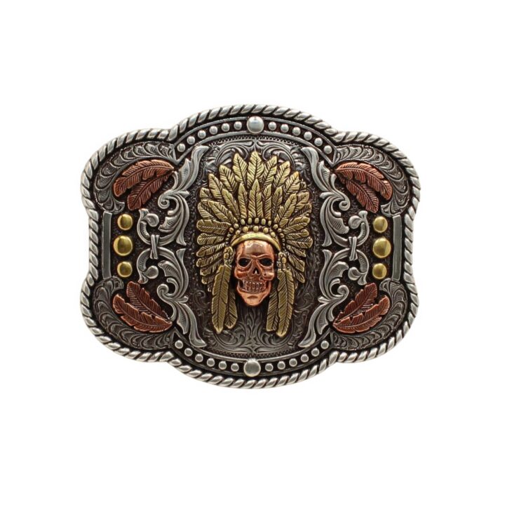 Nocona Men's Western Buckle with Feathered Headdress Motif, Copper Skull and Feathers, Rope Edge (3-3/4" x 3-1/4")