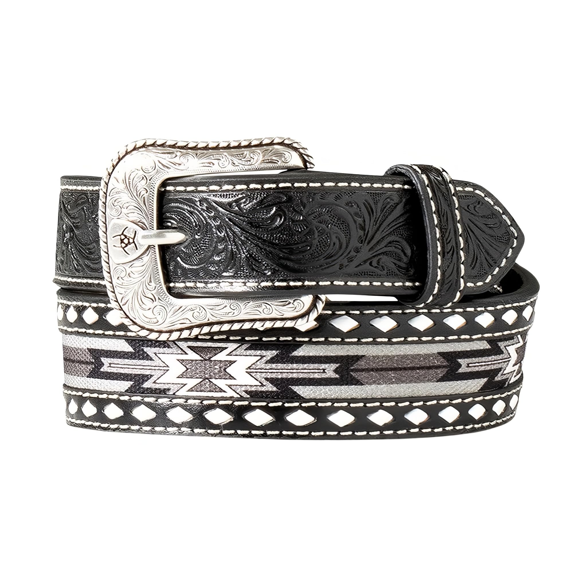 ARIAT Youth Boys Southwest Inlay Buck Stitch Laced Belt, Black, 20