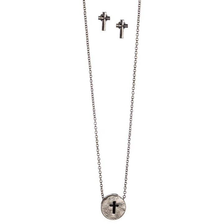M F Western Products Blazin Roxx Necklace and Earring Set Stamped Cross