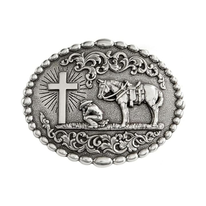 M&F Western Products Nocona Buckle, Cowboy at Cross, Silver, 3-1/8 x 3-7/8