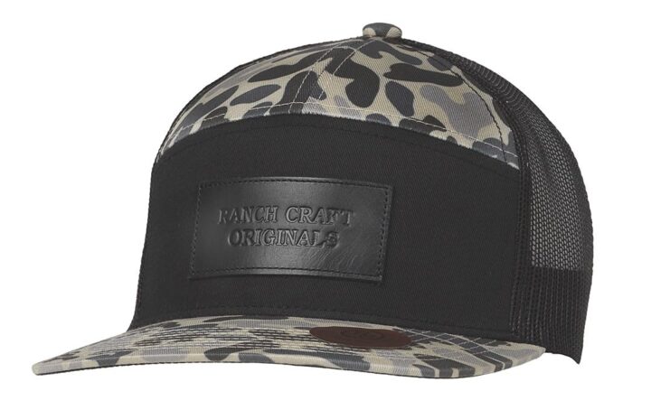 Ranch Craft Originals Mens Snapback Hat, Camo Print with Black Mesh Back, Flat Brim, Leather Patch