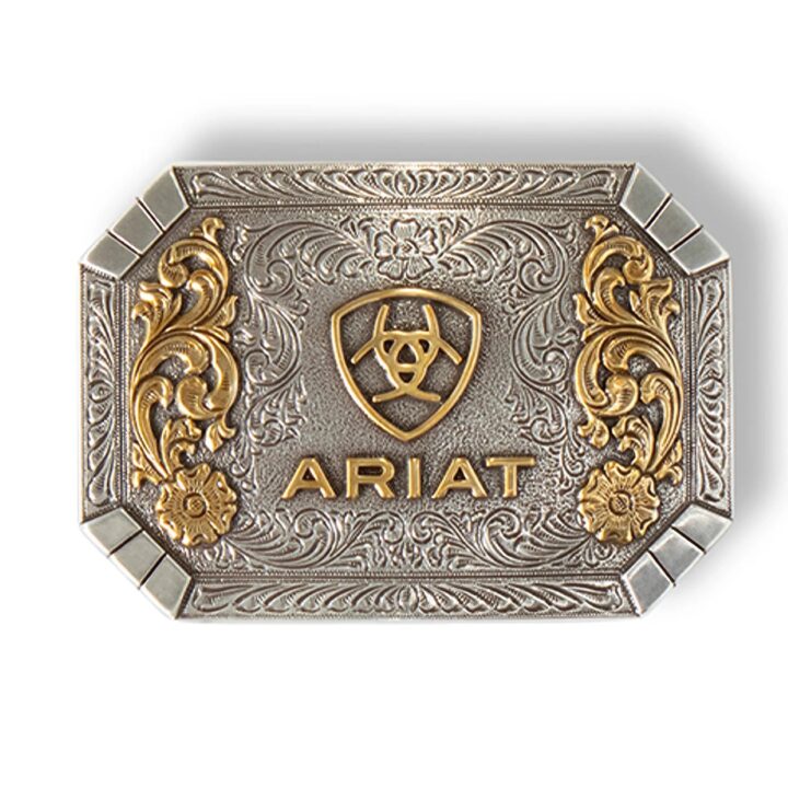 ARIAT Floral Rectangle Belt Buckle, Silver and Gold Western