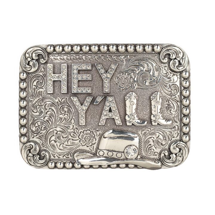 Blazin Roxx Women's 'Hey Y'all' Crystal-Embellished Buckle with Cowgirl Hat (Antique Silver, 2-1/4" x 3-3/4")