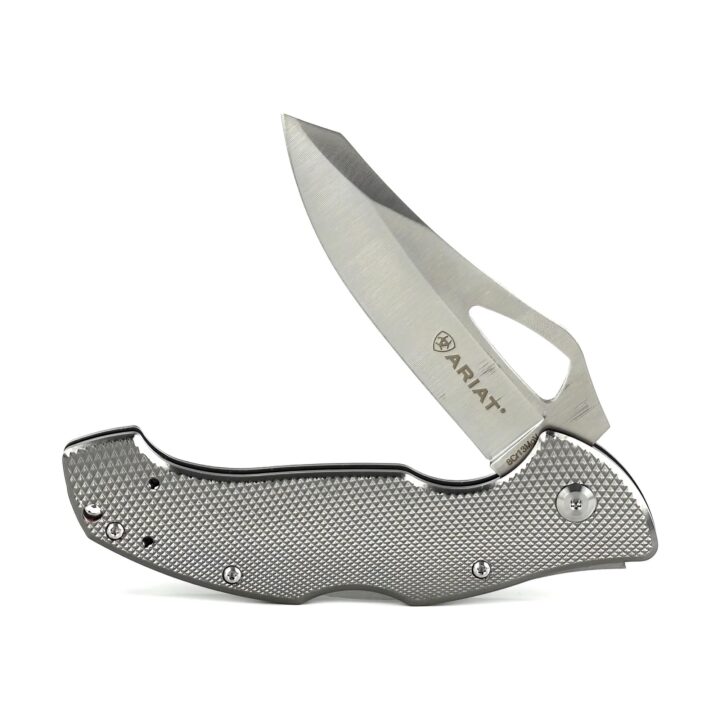 ARIAT Engraved Shield Text Logo Smooth Blade Folding Knife, Grey, 3" Blade (Medium)