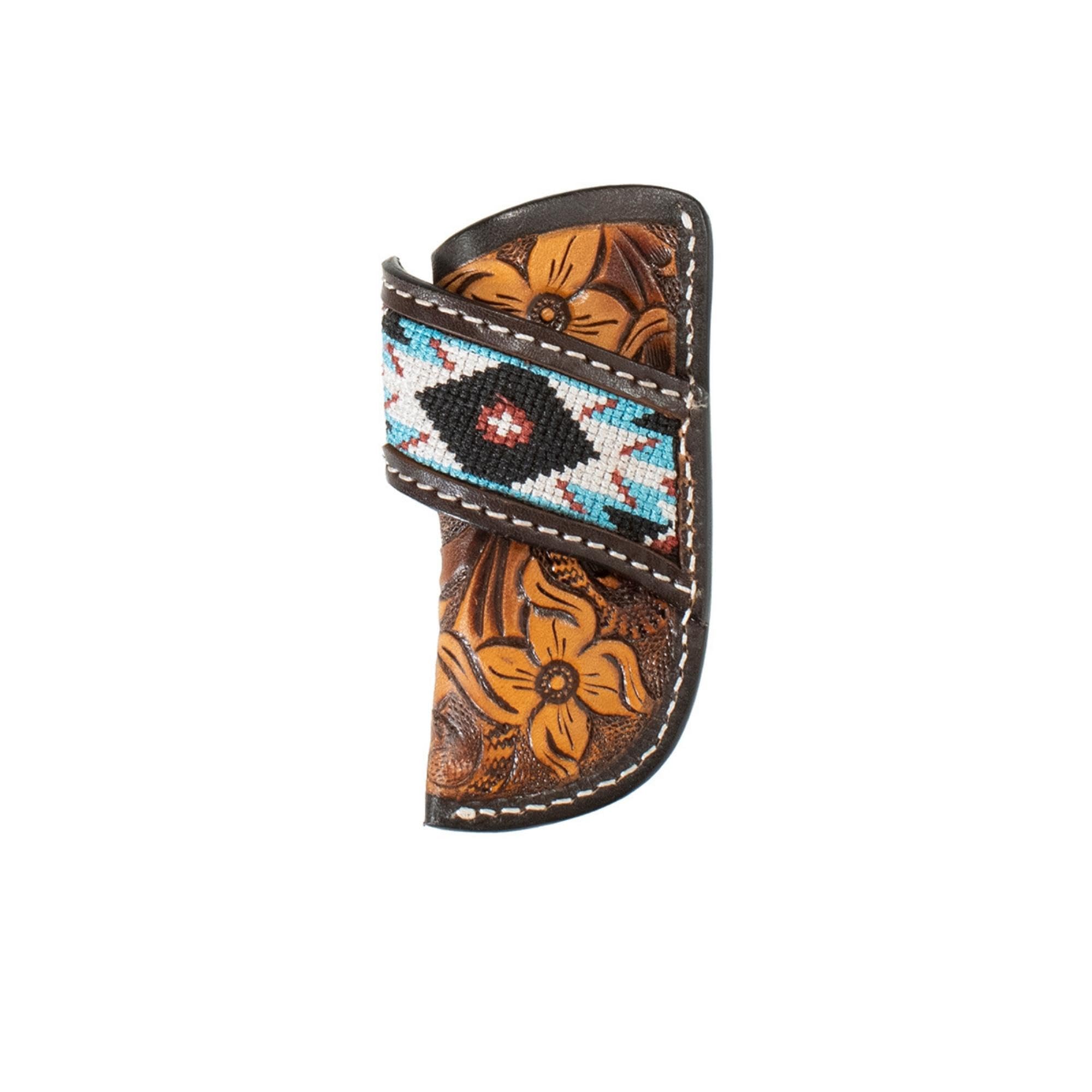 3D Belt Leather Knife Sheath Vertical Hand Tooled Floral Embroidered Inlay Brown