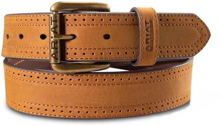 ARIAT Mens Work Leather Belt 1 1/2" Perforated Edge Double Stitched Medium Brown A1700344