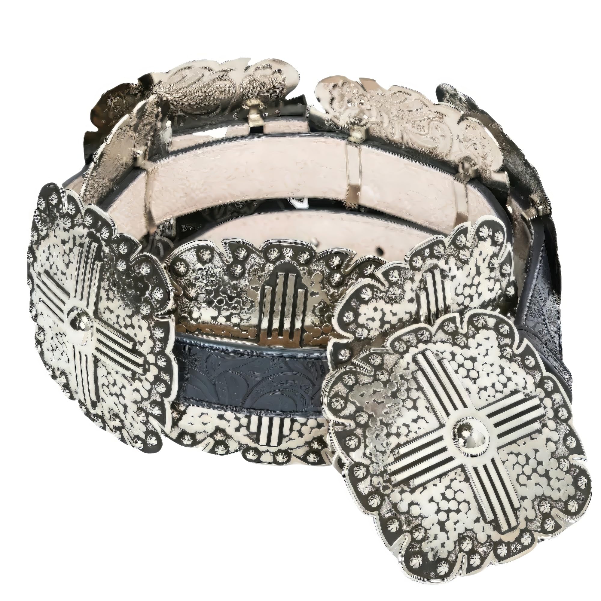 Angel Ranch Women’s Floral Embossed Leather Belt with Western Square Conchos and Removable Buckle | Black with Antique Silver Hardware, Large