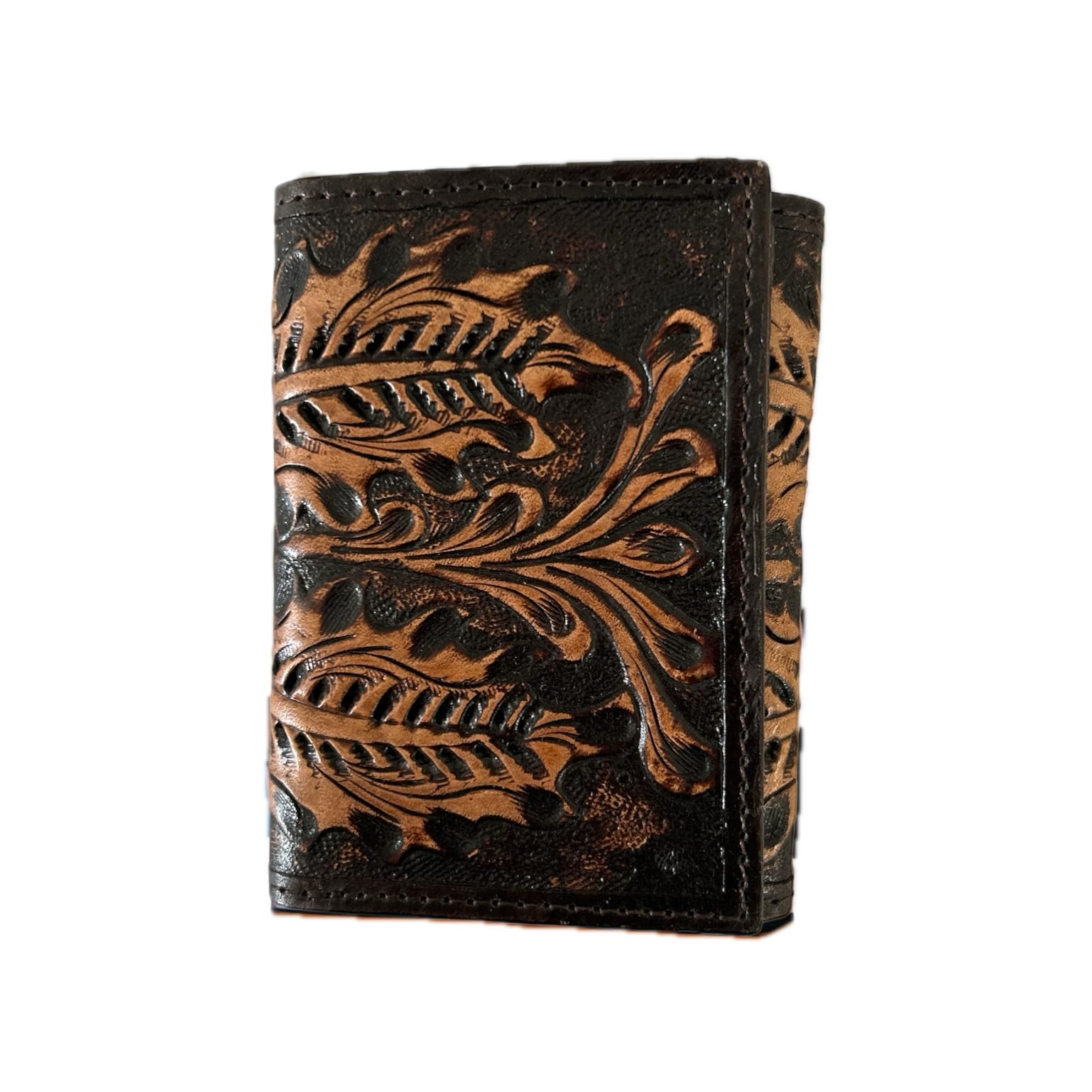 Ranger Belt Company IWR-2T Mens Tri-Fold Wallet Dark Brown Floral Tooled Leather