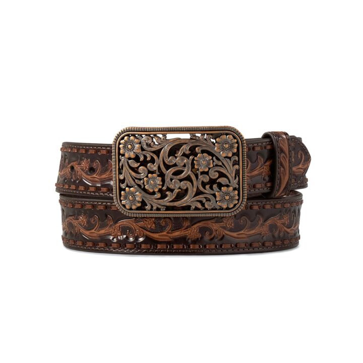 ARIAT Women's Floral Embossed Leather Belt, Chocolate, Large