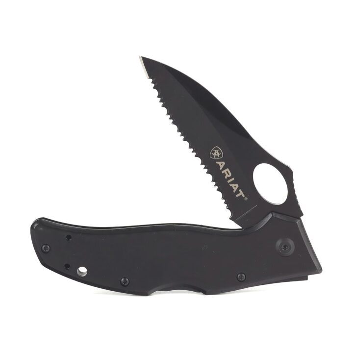 ARIAT Engraved Shield Text Logo Serrated Blade Folding Knife, 3" Blade (Medium) (Black)