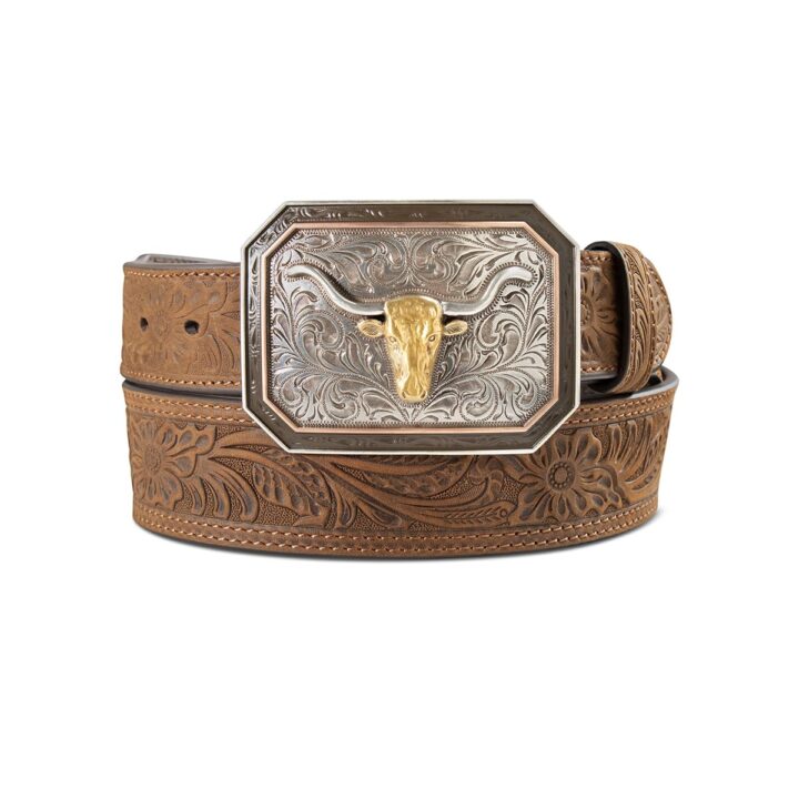 ARIAT Men's Floral Embossed Leather Belt with Longhorn Buckle