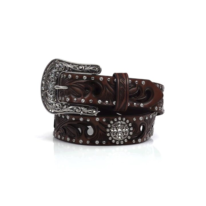 ARIAT Women's Scroll Cutout Concho Nailhead Edged Belt, Brown, Large