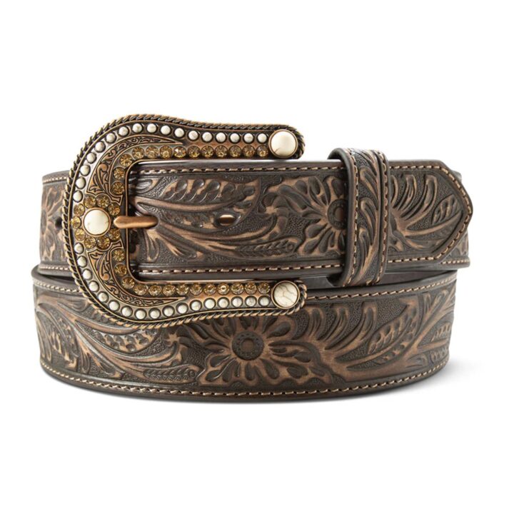 ARIAT Women's Floral Embossed Crystal Buckle Belt, Brown, X-Large