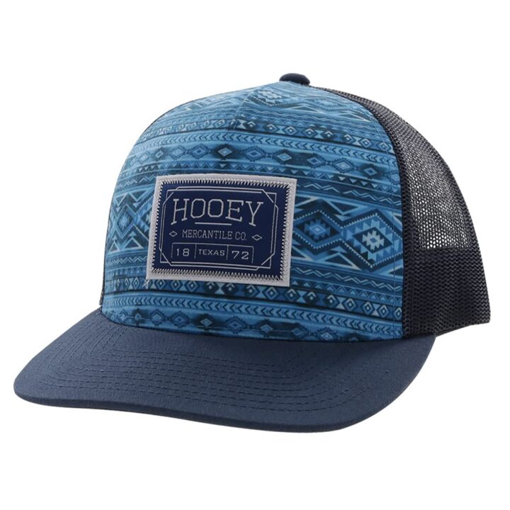 HOOEY Doc Adjustable Mesh Back Trucker Hat with Logo Patch Aztec Style Pattern (Blue/Black)